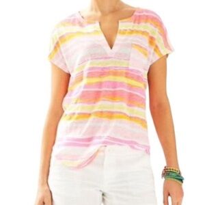 Lilly Pulitzer | Linen Blend Short Sleeve Pastel Pink Orange Yellow Stripes | S